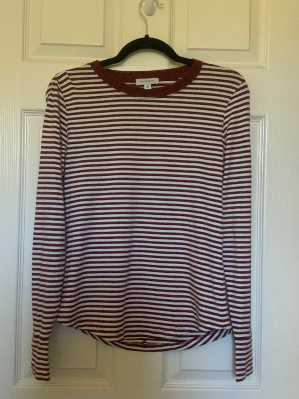 Evereve Burgundy and White Striped Pima Cotton Long Sleeved Tee